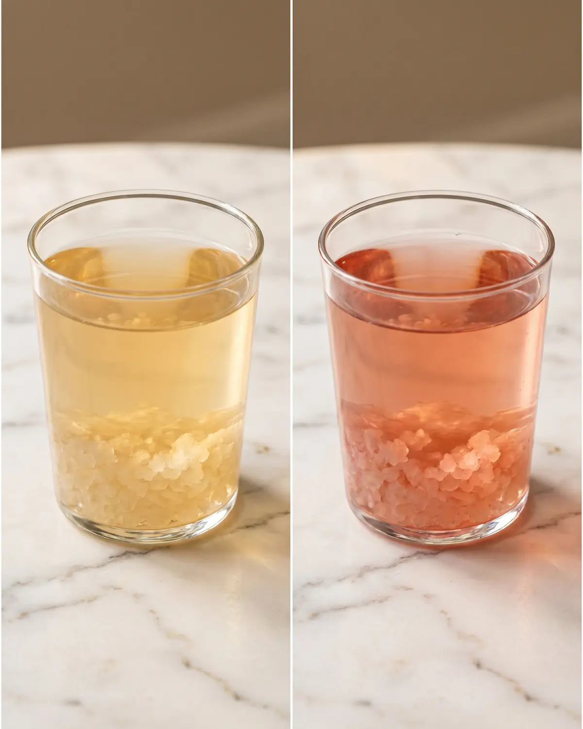Deux verres de k&eacute;fir d&rsquo;eau, l&rsquo;un nature et l&rsquo;autre infus&eacute; &agrave; l&rsquo;hibiscus, pr&eacute;sent&eacute;s en comparaison.