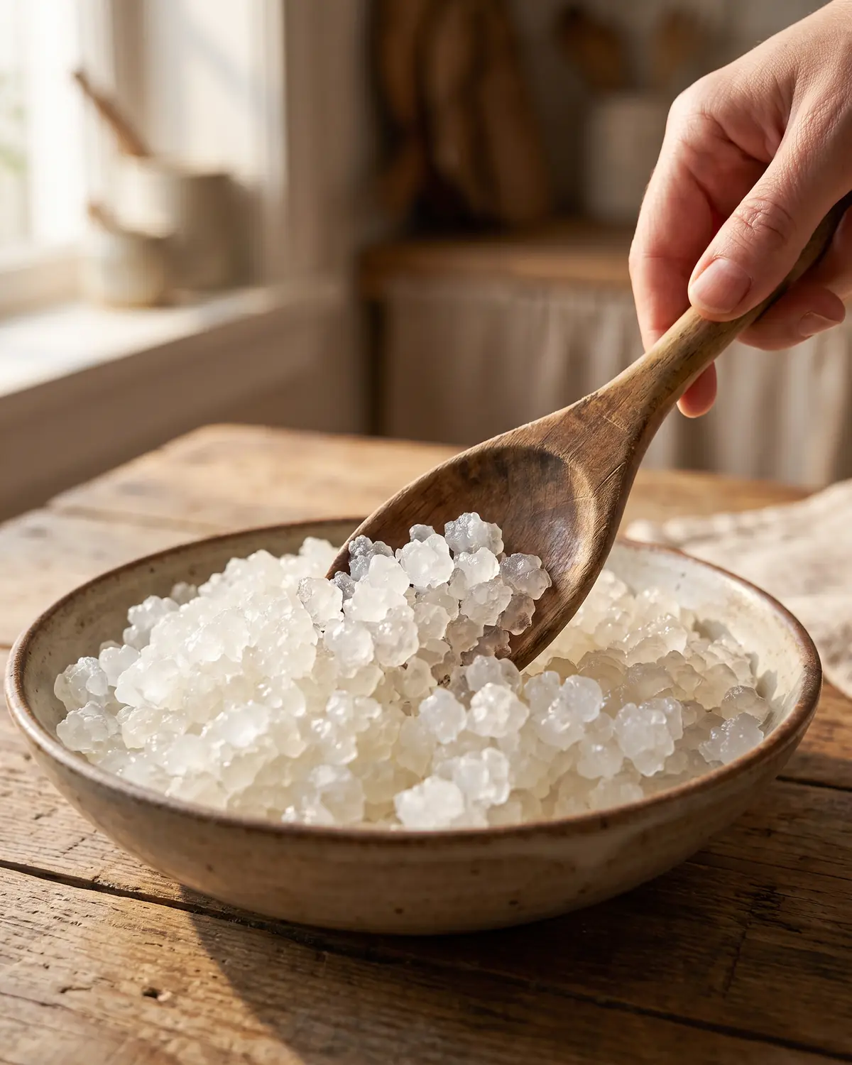 kefir de fruit origine Une cuillère en bois déplace doucement des grains cristallins de kéfir d’eau au fond du récipient.