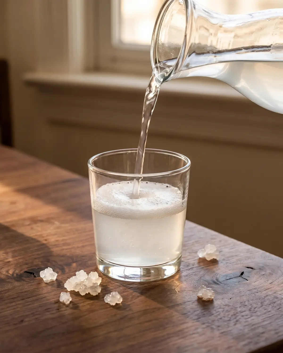 K&eacute;fir d&rsquo;eau vers&eacute; dans un verre bas sur une table en noyer avec une mousse l&eacute;g&egrave;re en surface