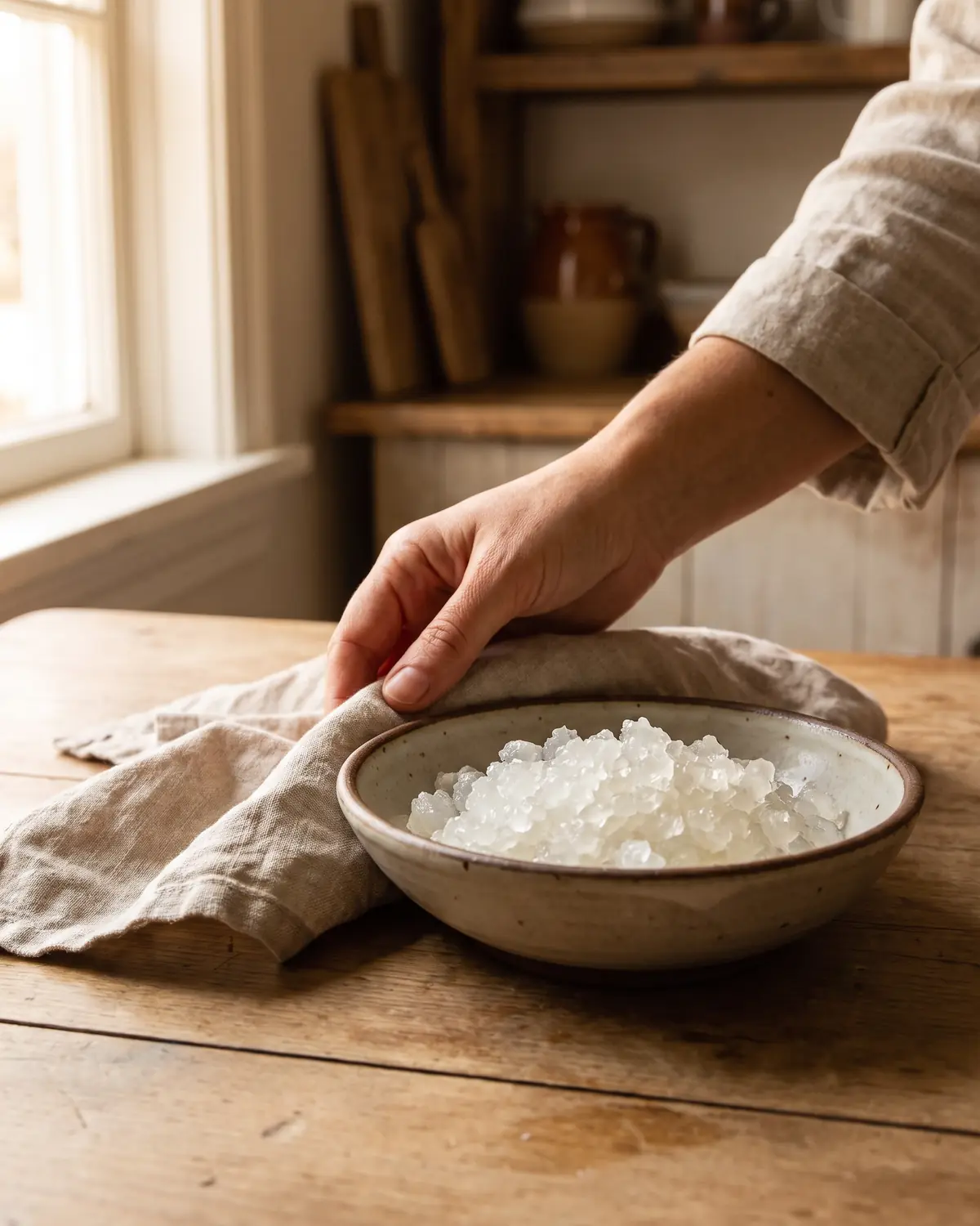 Une main pose un linge pr&egrave;s d&rsquo;un bol de grains de k&eacute;fir d&rsquo;eau r&eacute;hydrat&eacute;s dans une lumi&egrave;re douce.