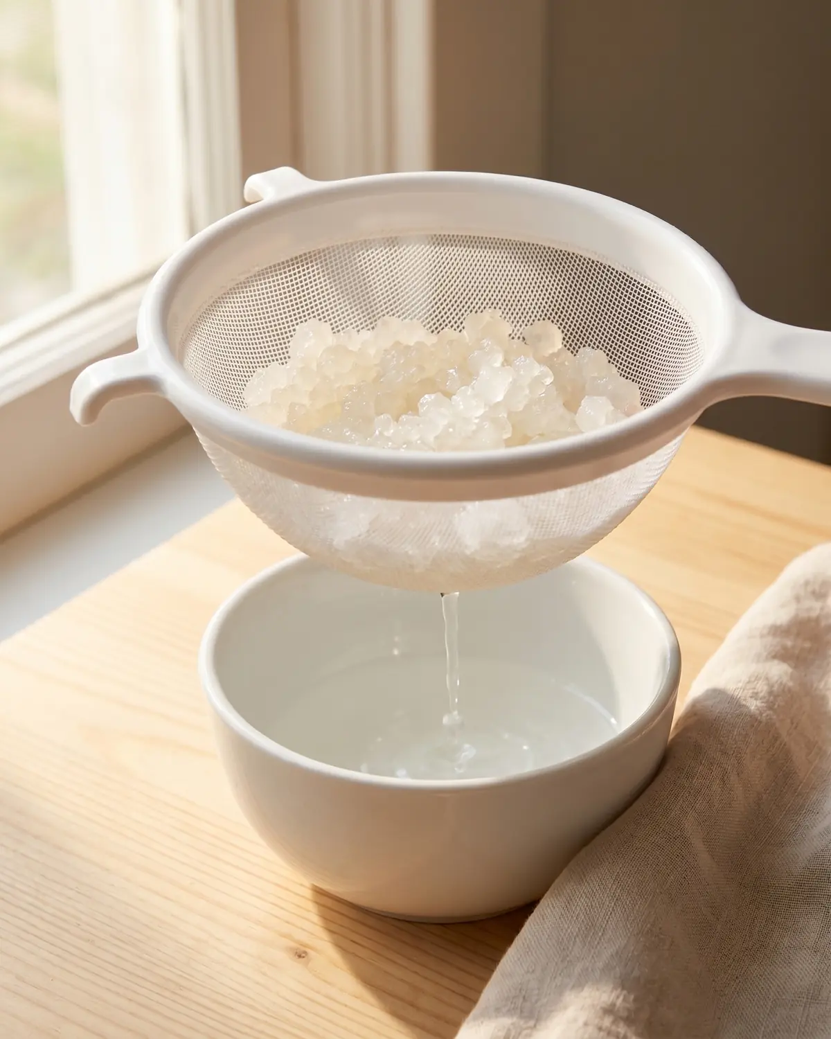 conserver kefir de fruit Grains translucides de kéfir d’eau égouttés dans une passoire blanche au-dessus d’un bol.