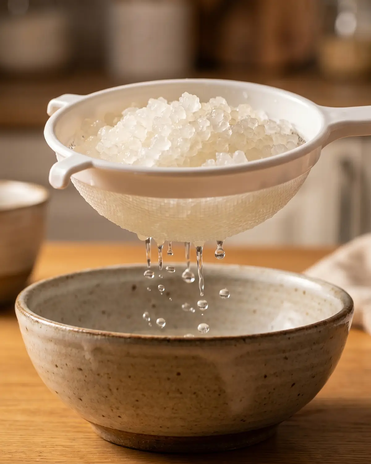 tibicos water kefir Grains translucides de kéfir d’eau dans une passoire blanche, avec des gouttes tombant dans un bol.