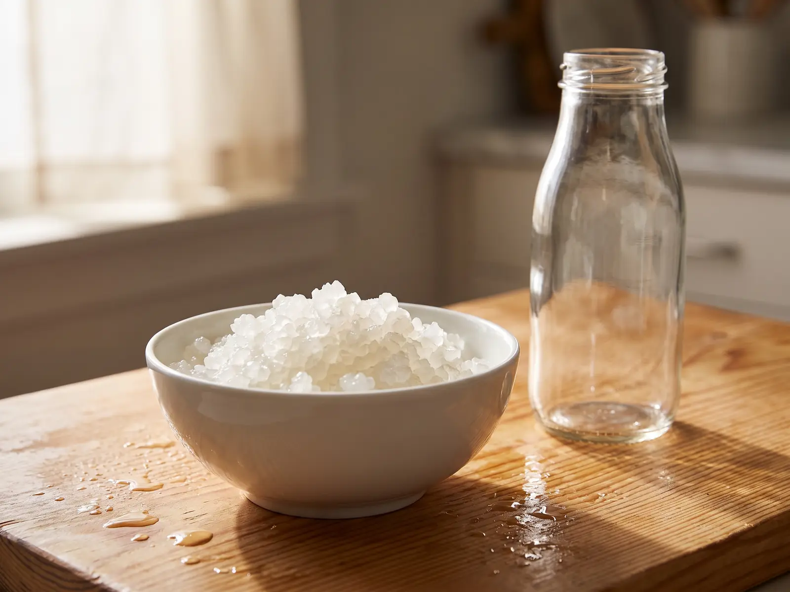 kefir de fruit origine Grains translucides de kéfir d’eau dans un bol blanc, avec une bouteille vide sur une table de pin humide.