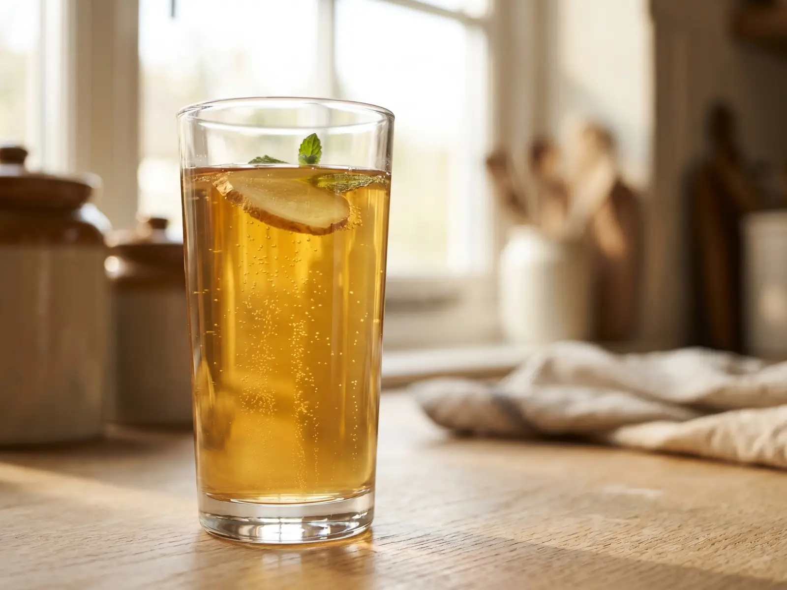 conserver kefir de fruit Verre de kéfir d’eau en contre-jour avec du gingembre et de la menthe fraîche sur le dessus.