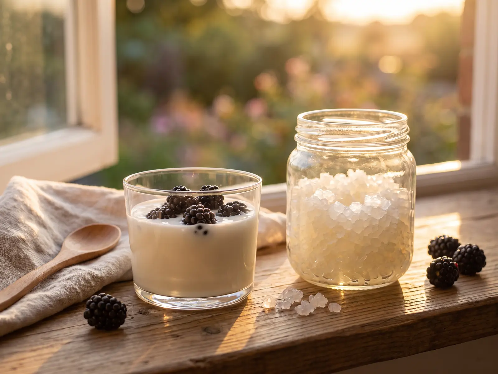 Vase de k&eacute;fir d&rsquo;eau aux m&ucirc;res au coucher du soleil, avec un bocal de grains pr&egrave;s d&rsquo;une fen&ecirc;tre.