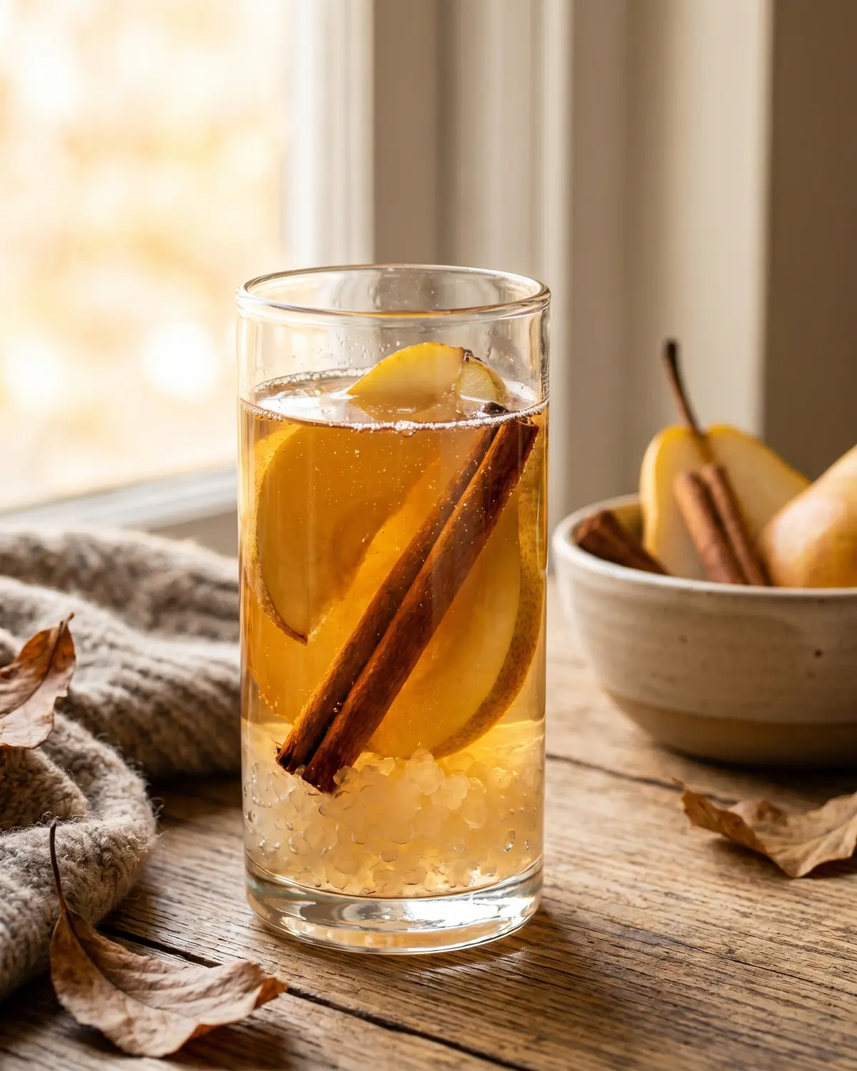 Verre de k&eacute;fir d&rsquo;eau avec poire lamin&eacute;e et cannelle, dans une ambiance maison automnale.