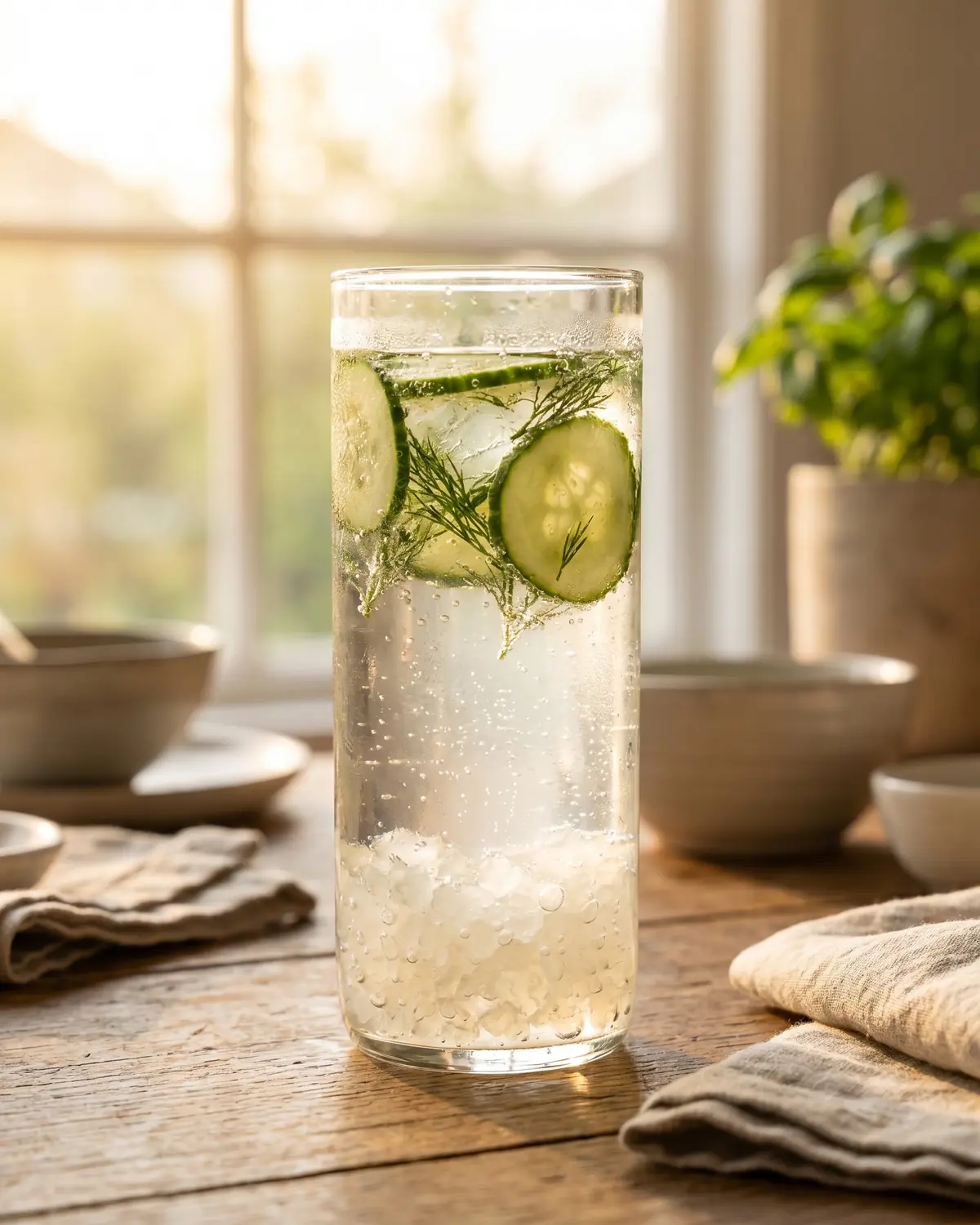 Verre vertical de k&eacute;fir d&rsquo;eau avec rondelles de concombre, aneth et fines bulles visibles.