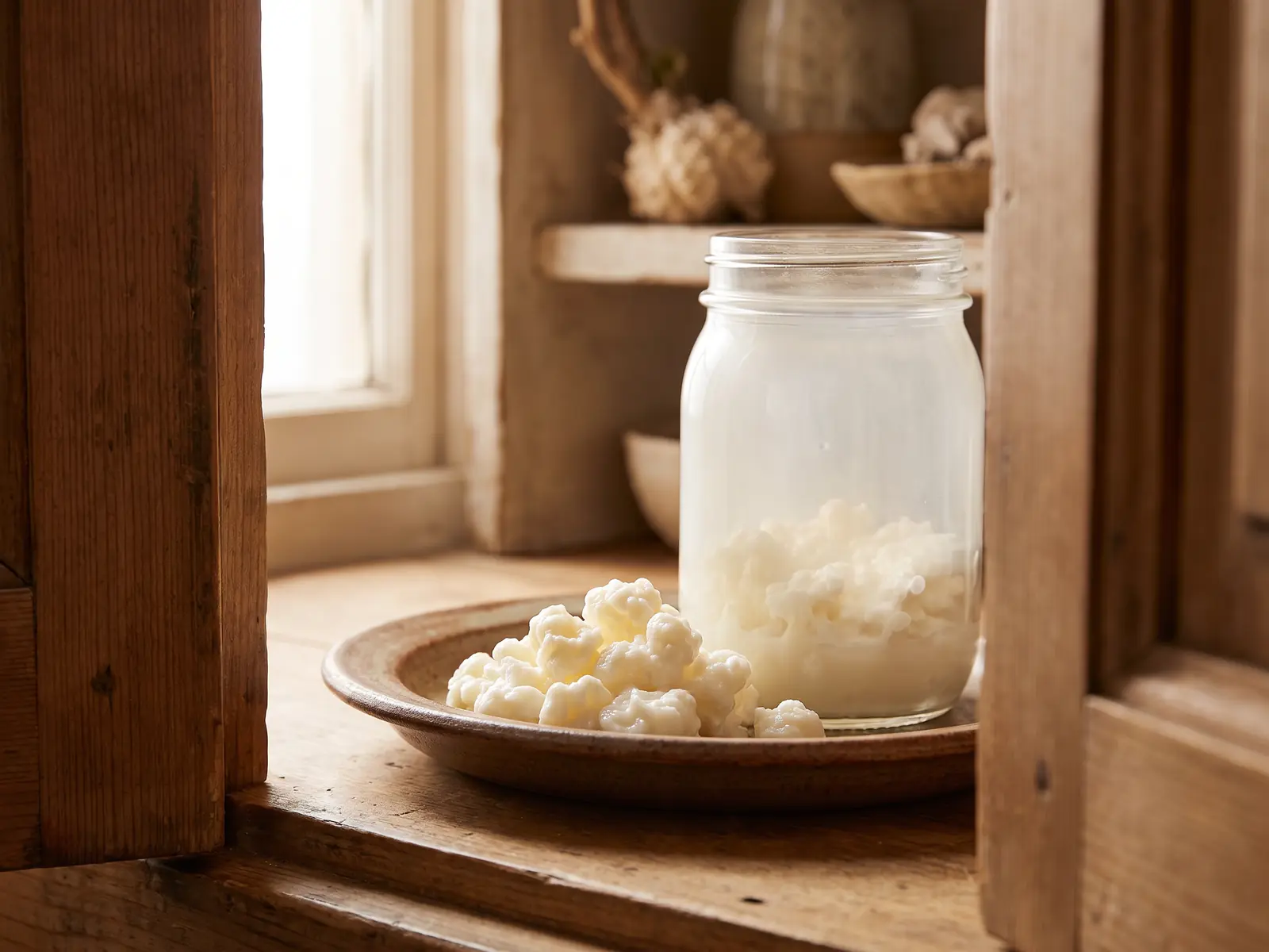 kéfir perdre du ventre Bocal de kéfir de lait posé sur une assiette, avec grains visibles dans une lumière chaude d’armoire.