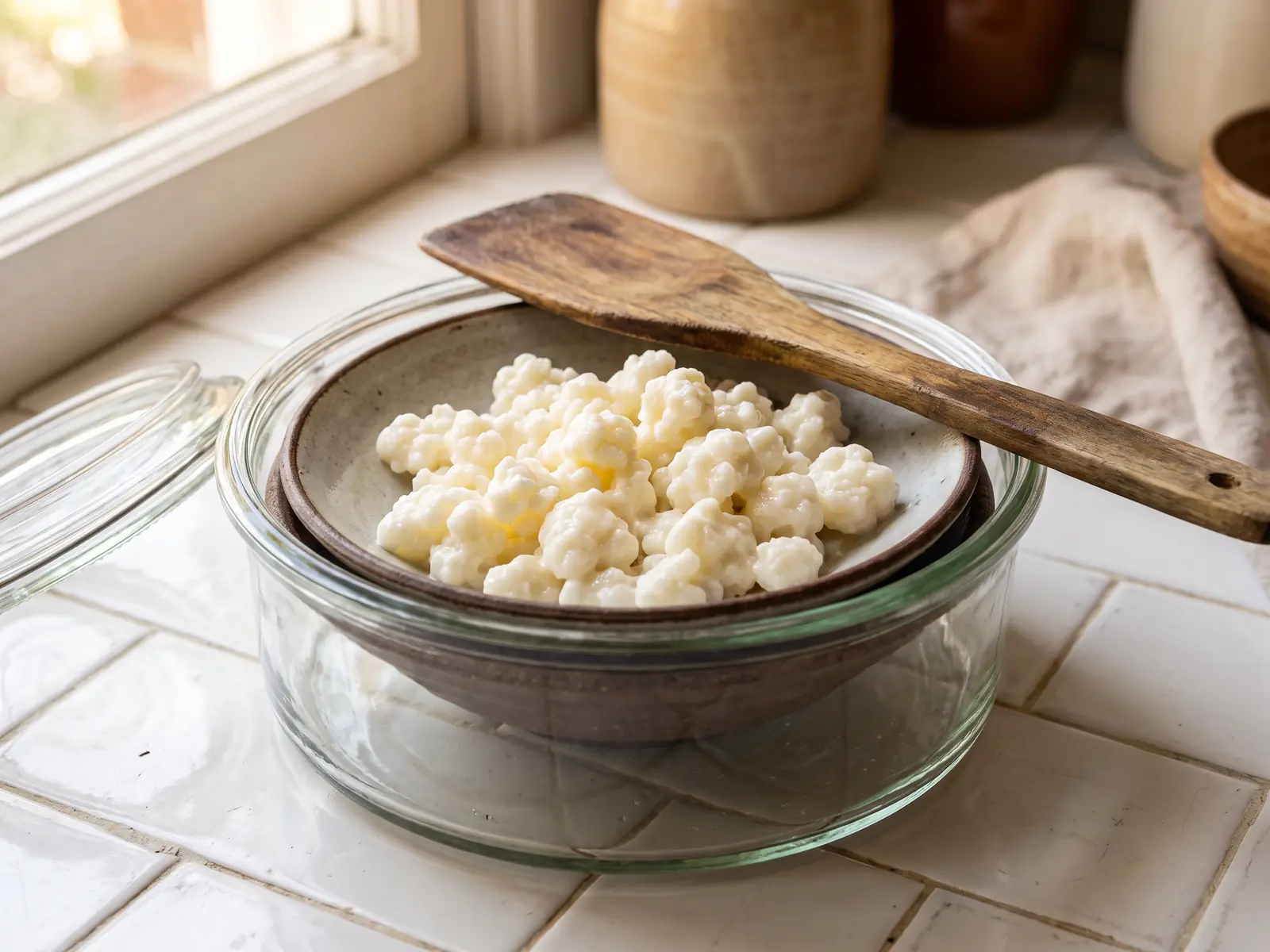 kéfir de coco Bocal ouvert sur une assiette creuse, avec grains de kéfir visibles et spatule en bois sur des carreaux blancs.
