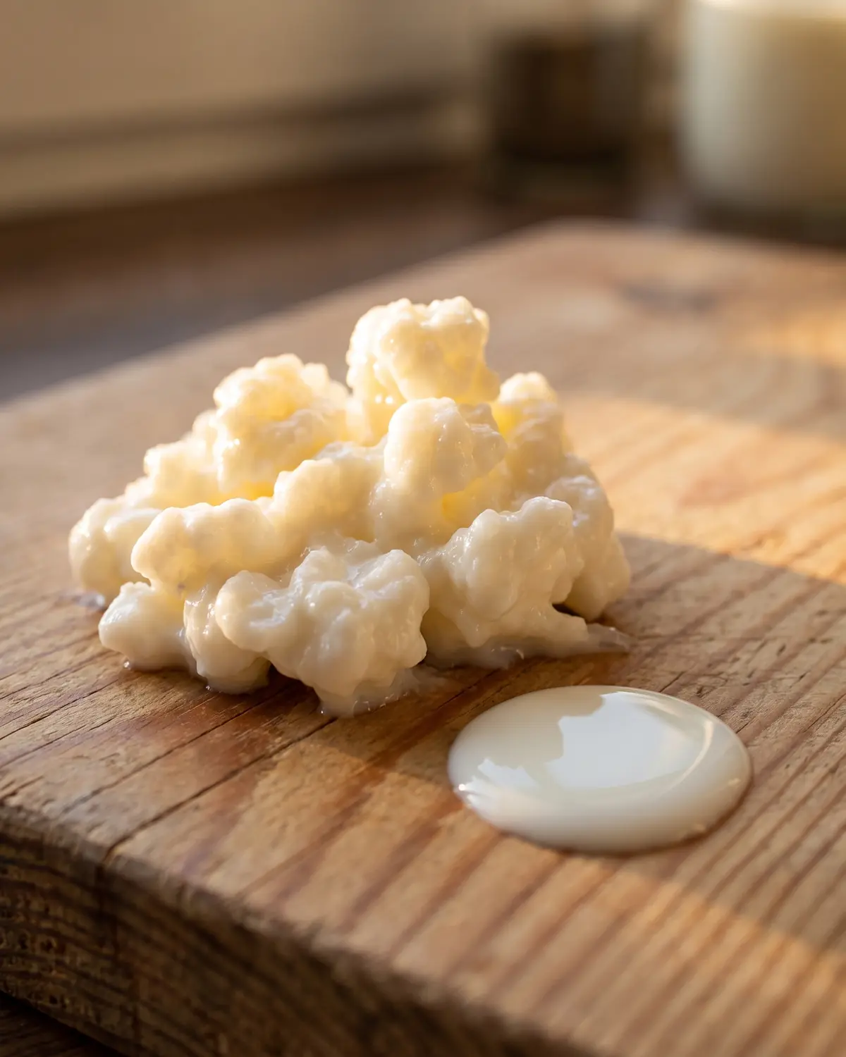 kefir maladie de crohn Goutte de lait sur une planche de pin avec un grain de kéfir éclairé par une lumière chaude.