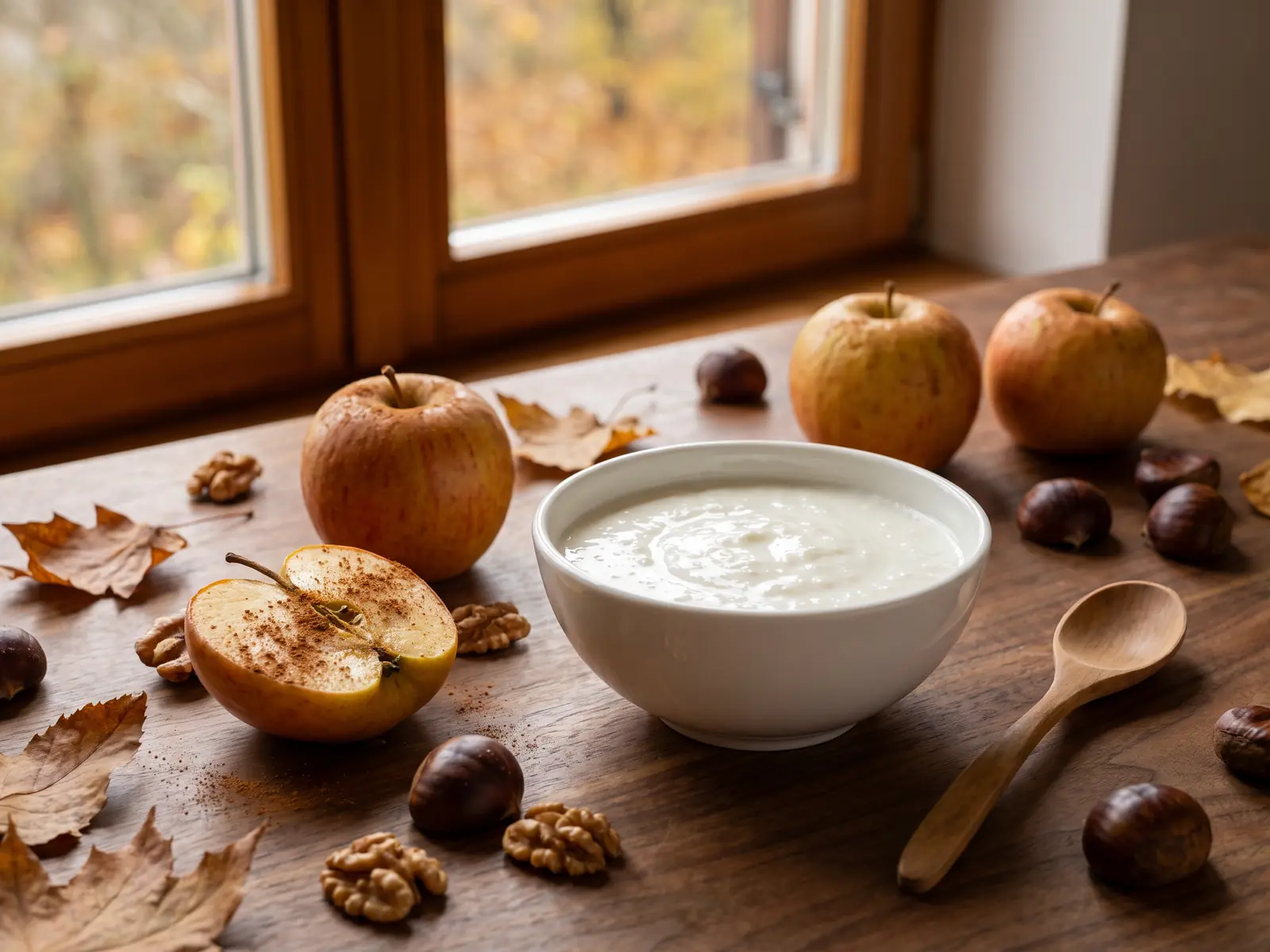 kefir definition francais Bol de kéfir de lait sur une table en noyer, avec pommes rôties, châtaignes et lumière d’automne.