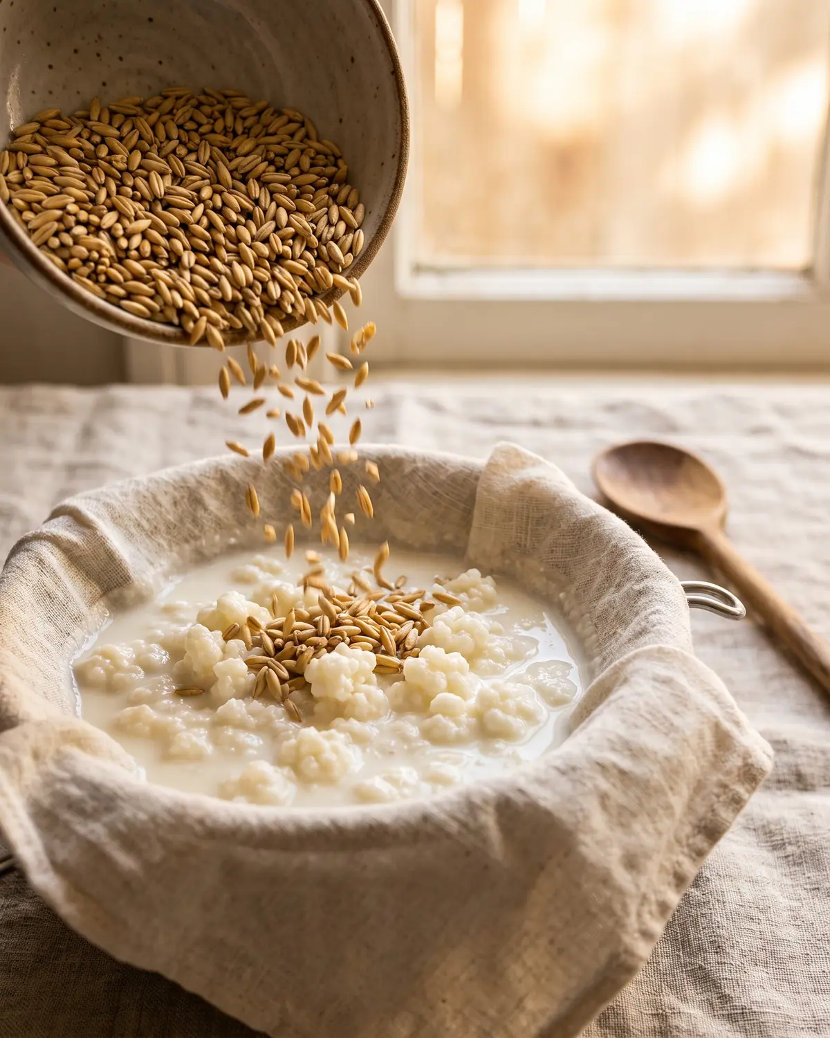 Grains d&rsquo;avoine vers&eacute;s depuis un bol en c&eacute;ramique sur du k&eacute;fir filtr&eacute;, pr&egrave;s d&rsquo;un linge et d&rsquo;une fen&ecirc;tre chaude.