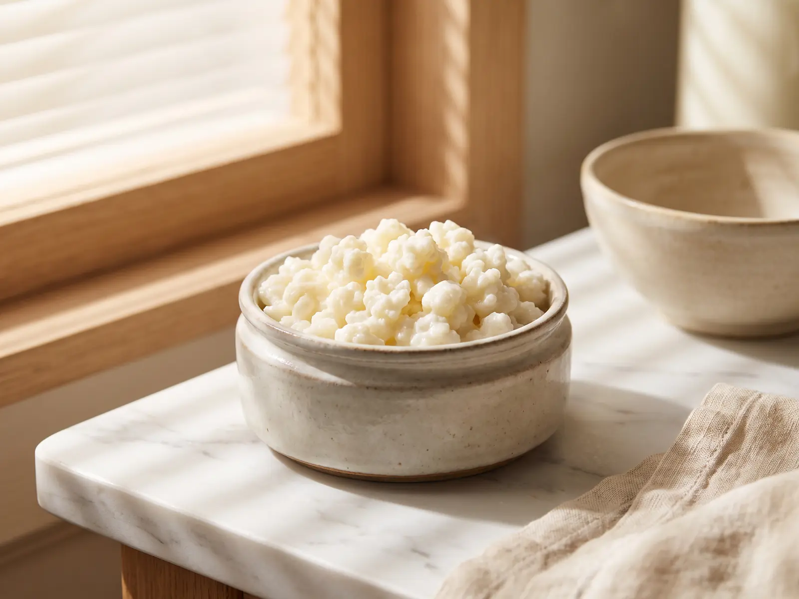 Bocal bas de k&eacute;fir de lait cr&eacute;meux avec grains, pos&eacute; sur marbre blanc sous des ombres de persienne.