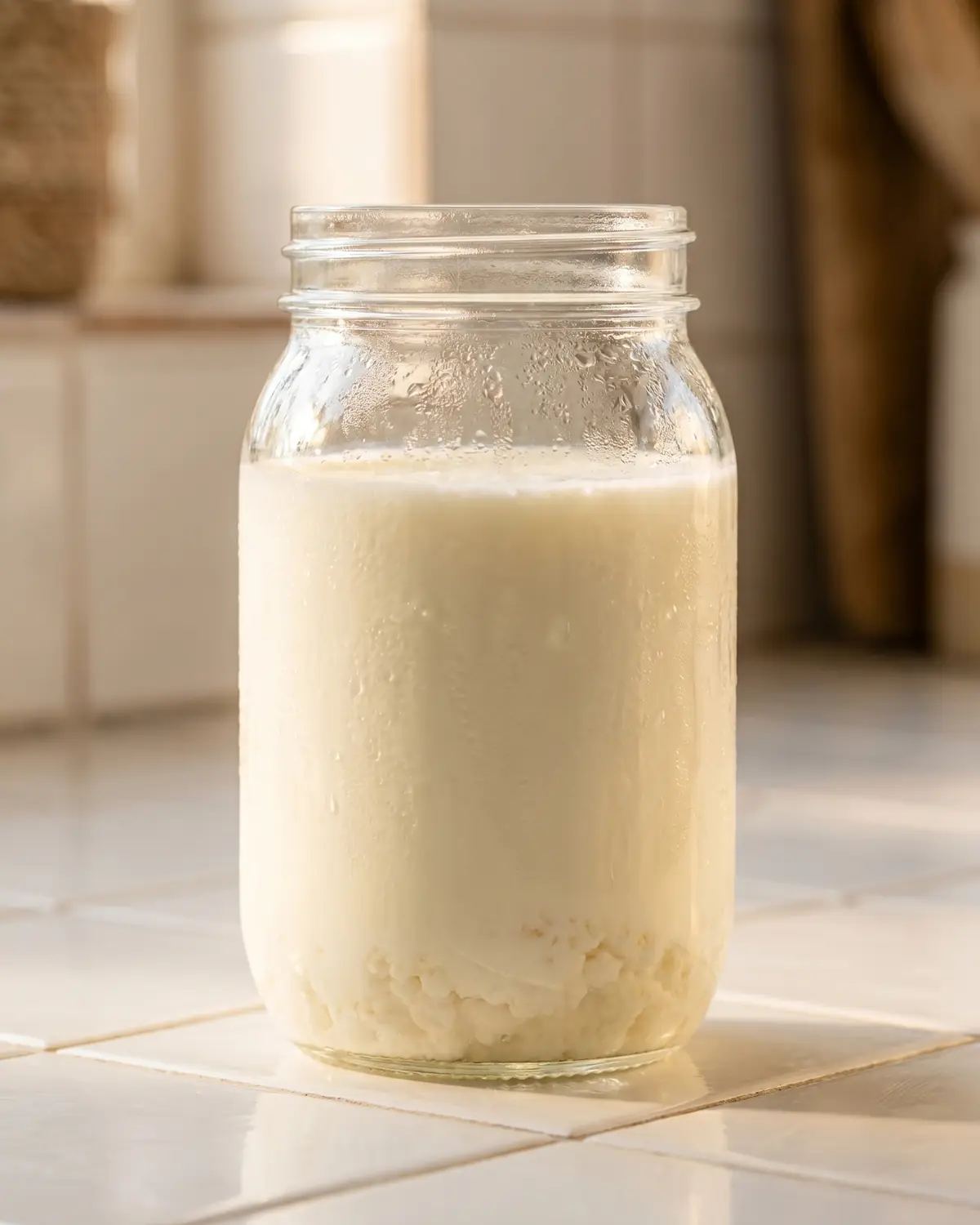 kefir amer Bocal de kéfir sur des carreaux blancs, avec condensation douce et reflet chaud d’une fenêtre latérale.