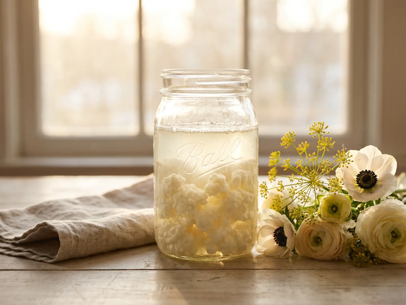 lait fermenté et perte de poids Bocal de kéfir de lait en fermentation près de fleurs, sur du lin et du bois clair en contre-jour.