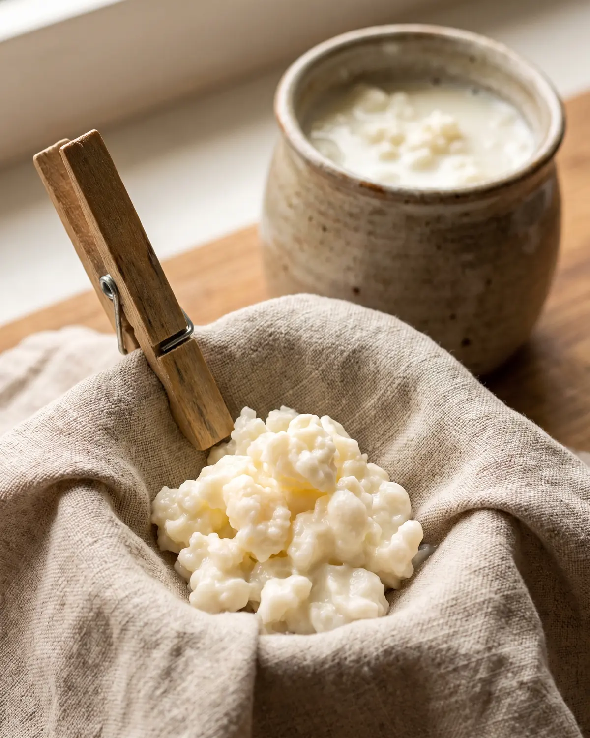 Pince en bois ouvrant un linge de lin, avec bocal lact&eacute; flou et grains de k&eacute;fir visibles au fond.