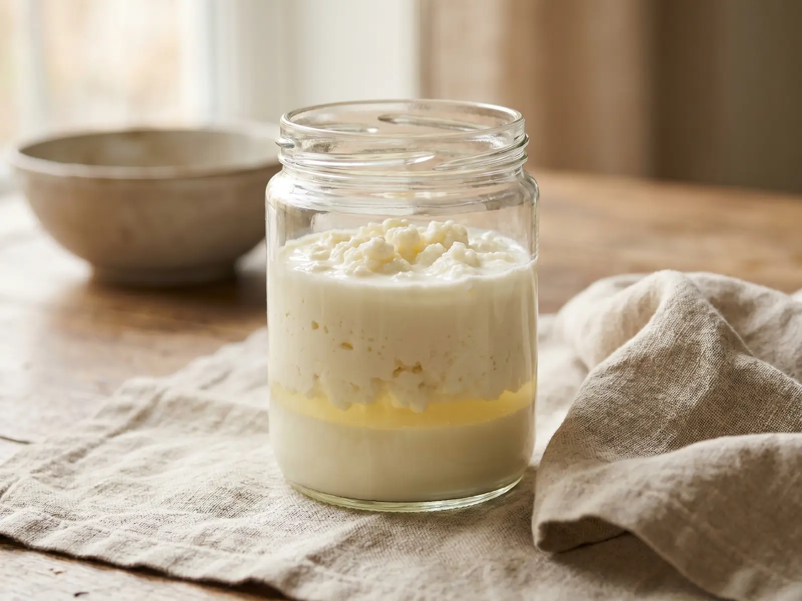 sauce bulgare Bocal de kéfir de lait avec couches naturelles visibles et ligne de petit-lait près d’un linge en lin