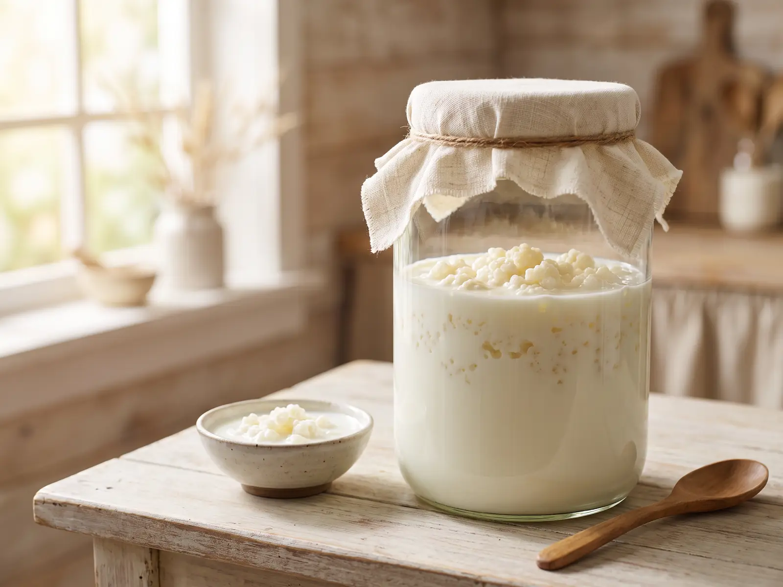 dysbiose de fermentation traitement Bocal de kéfir de lait avec des grains visibles et des fruits secs posés sur une table en bois.