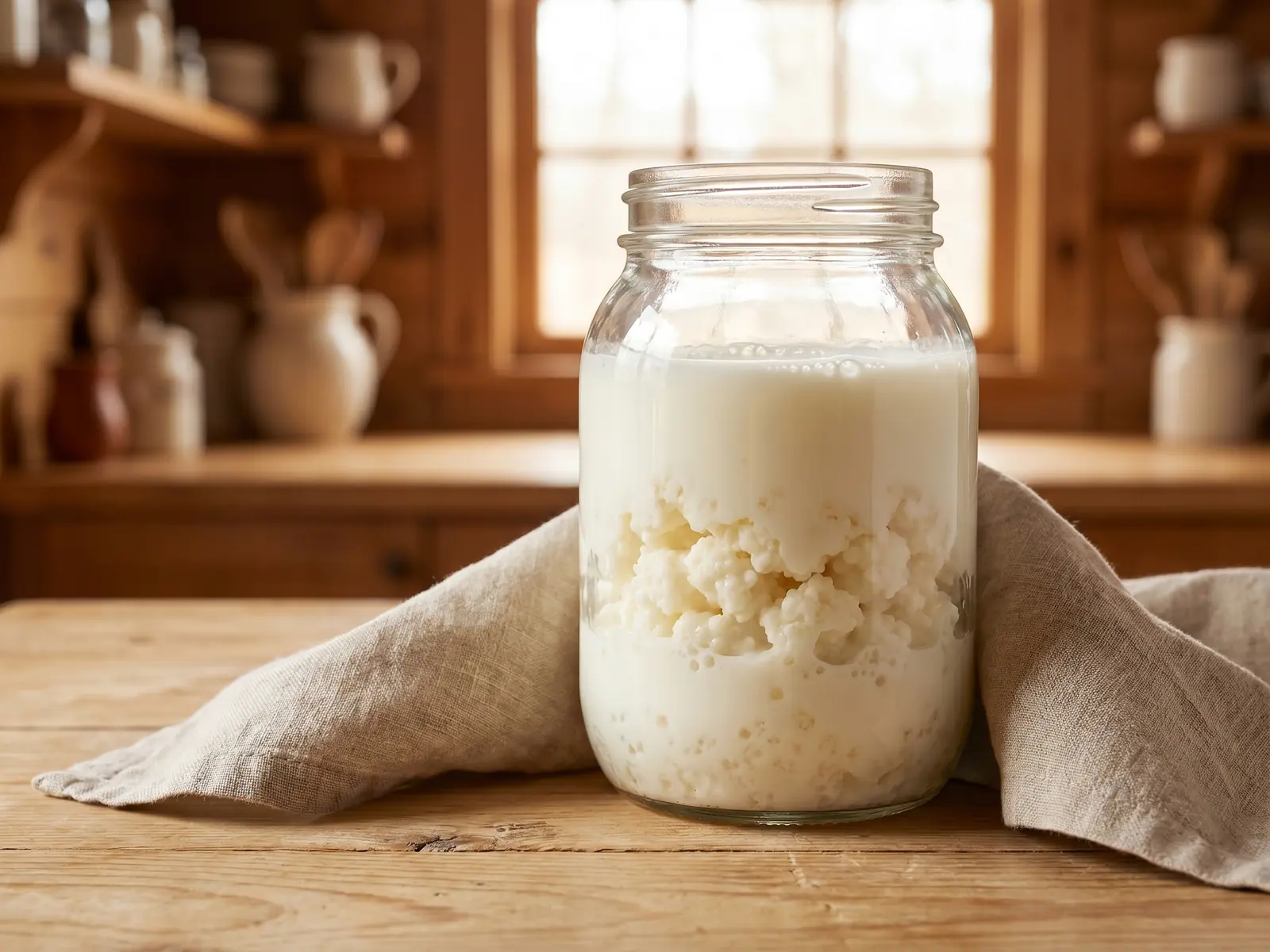 kéfir gluant que faire Bocal de kéfir au lait avec grains visibles, posé près d’une fenêtre dans une lumière douce.