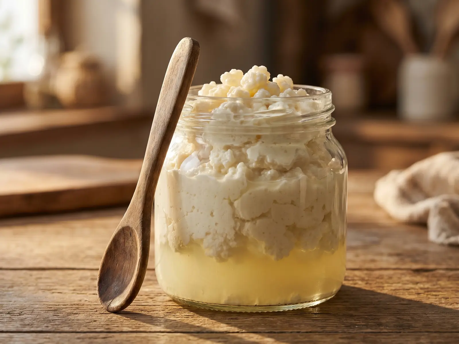 kefir aldi Bocal de kéfir de lait mûr avec séparation du petit-lait, cuillère en bois et lumière douce de fin de journée.