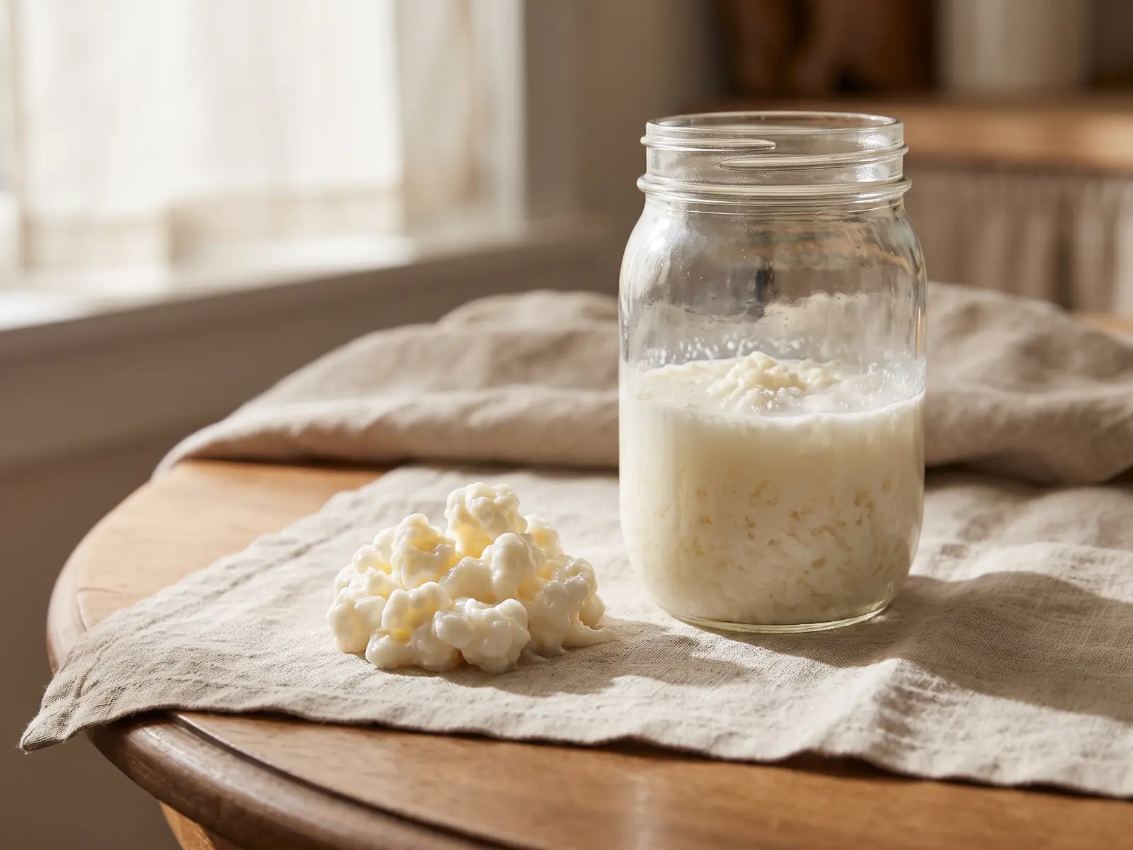 peut on manger les fruits du kéfir Bocal de kéfir en fermentation avec grains visibles sur une table en lin, sous une lumière douce de midi.