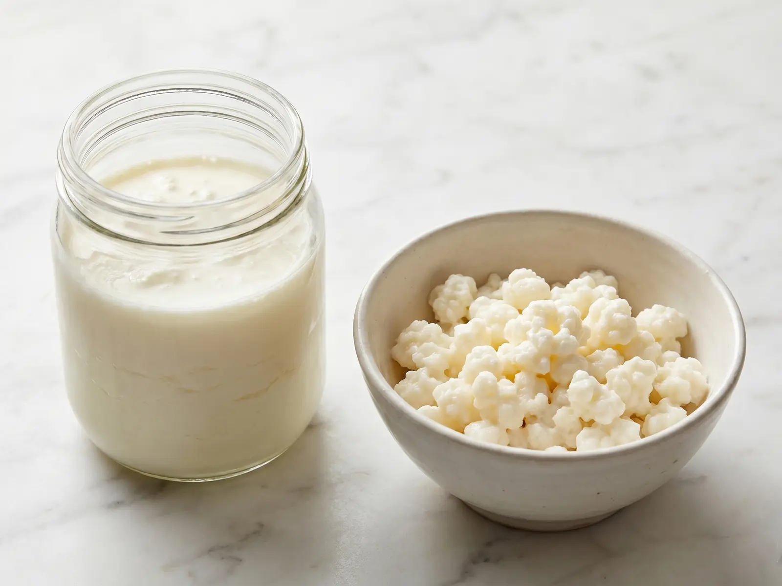 conservation du kefir de lait Bocal ouvert de kéfir de lait sur marbre, avec grains blanc crème dans un bol en céramique.