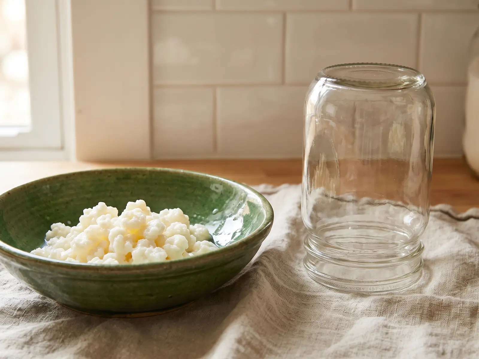 Bocal propre qui s&egrave;che pr&egrave;s de grains de k&eacute;fir dans un bol vert, avec linge de lin et carreaux blancs.