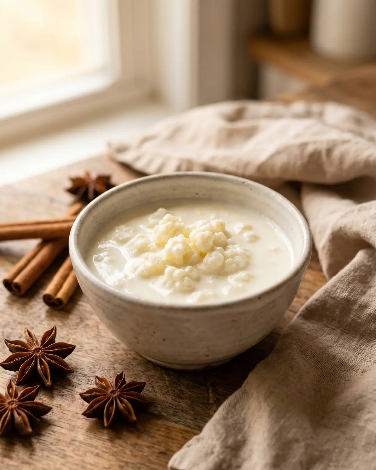 à quoi sert le kéfir Petit bol de kéfir nature entouré d’anis étoilé et de cannelle dans une ambiance hivernale maison.