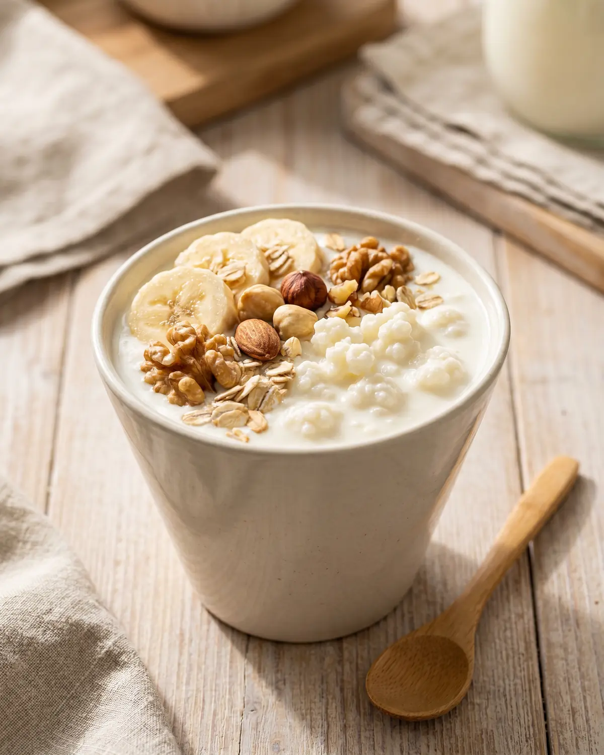 Bol vertical de k&eacute;fir garni de banane, de noix et d&rsquo;avoine, pr&ecirc;t &agrave; &ecirc;tre d&eacute;gust&eacute; au petit d&eacute;jeuner.