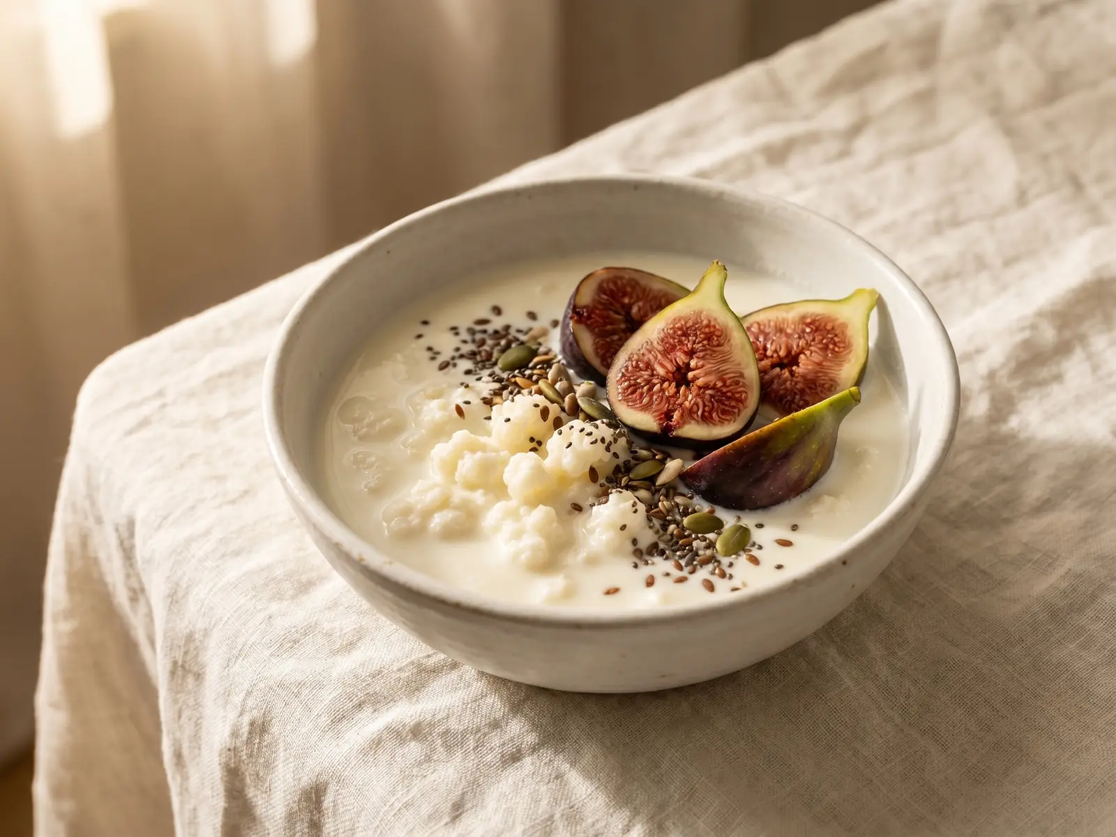 kefir signification Kéfir de lait servi dans un bol blanc avec des figues fraîches et des graines sur du lin froissé.