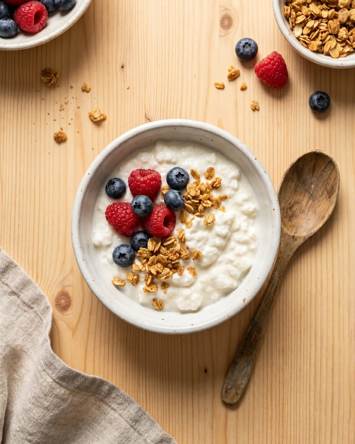 boire du kéfir Bol de kéfir prêt à déguster avec fruits rouges, granola et cuillère en bois sur une table.