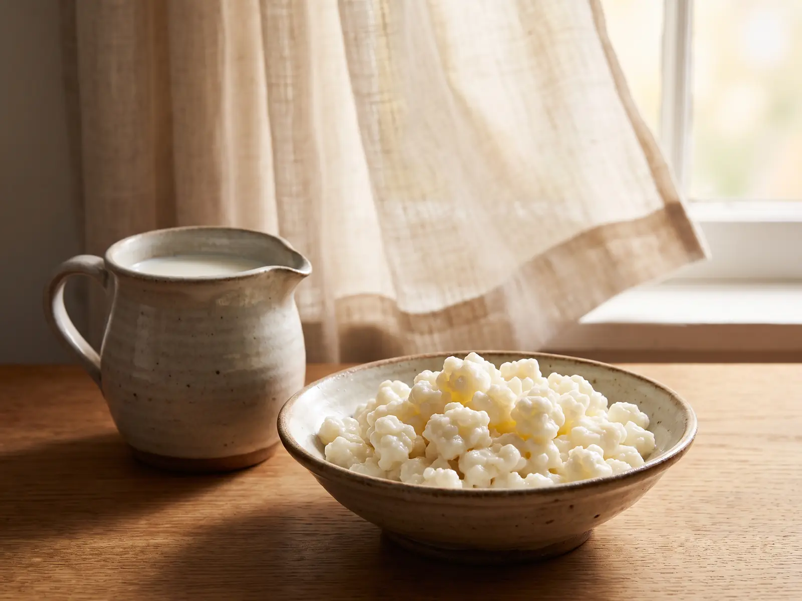 conserver grains de kéfir au frigo Bol de grains de kéfir et pichet en céramique près d’un linge clair gonflé par la brise.