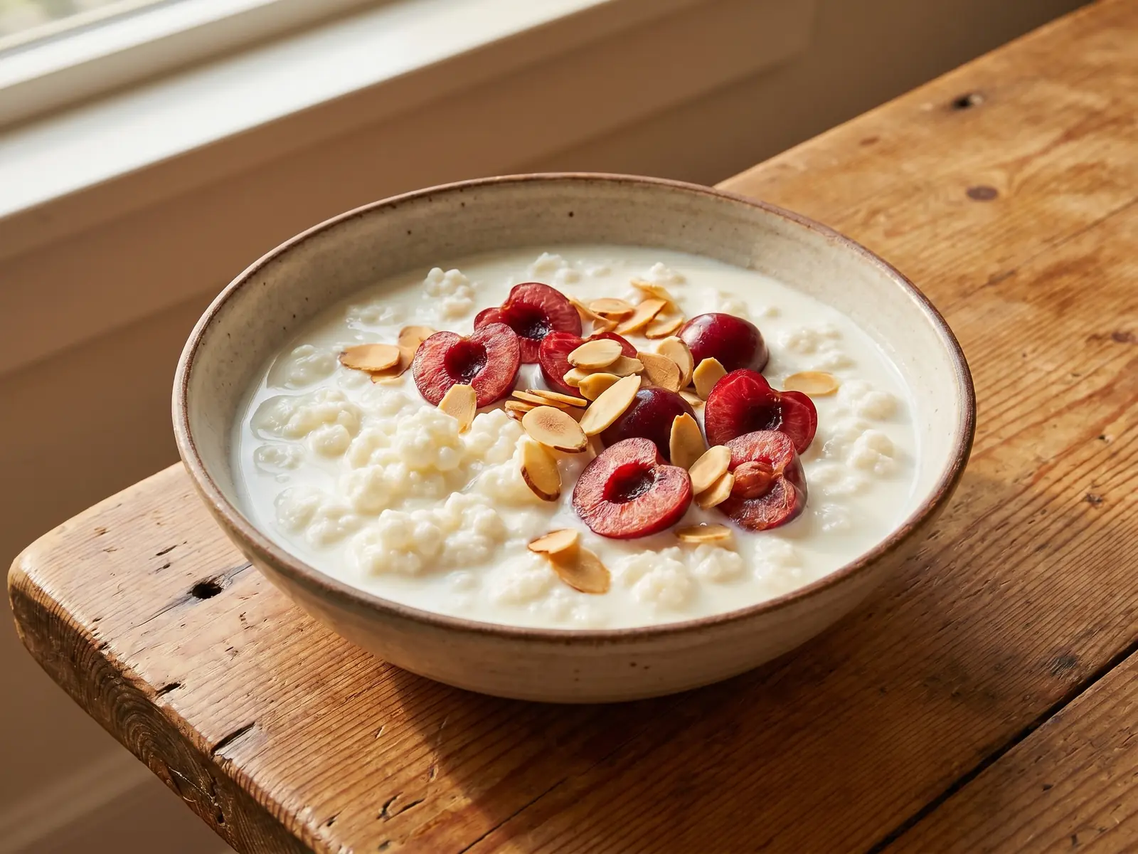 kefirhood com Bol généreux de kéfir de lait avec cerises coupées et amandes grillées sur une table en pin.