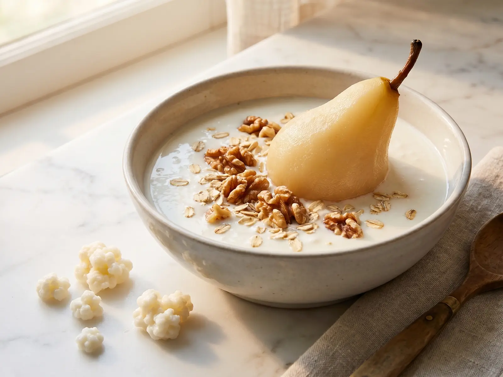kefir mal au ventre Bol de kéfir au lait avec poire, noix et avoine sur marbre blanc, prêt pour un petit-déjeuner doux.