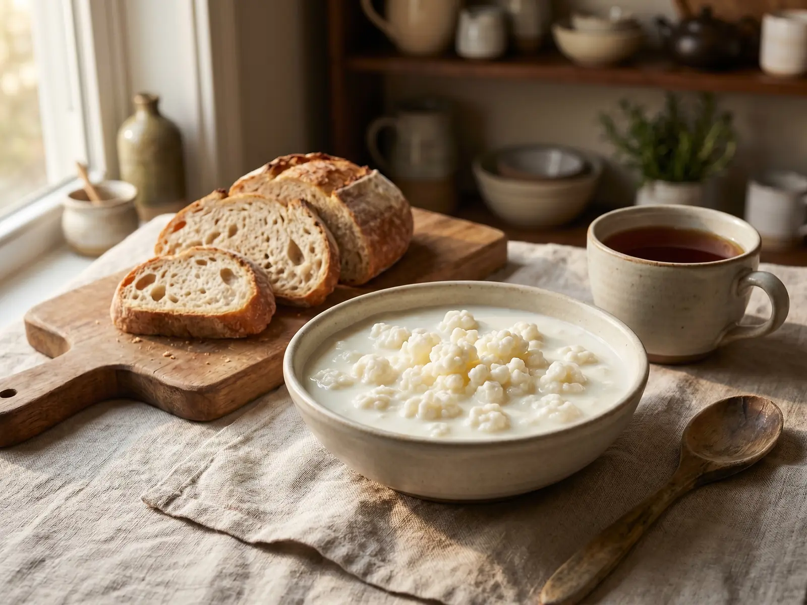 boisson fermentée à base de thé et de bactéries Bol de kéfir de lait avec tasse de thé, pain rustique et linge en lin sur une table claire.
