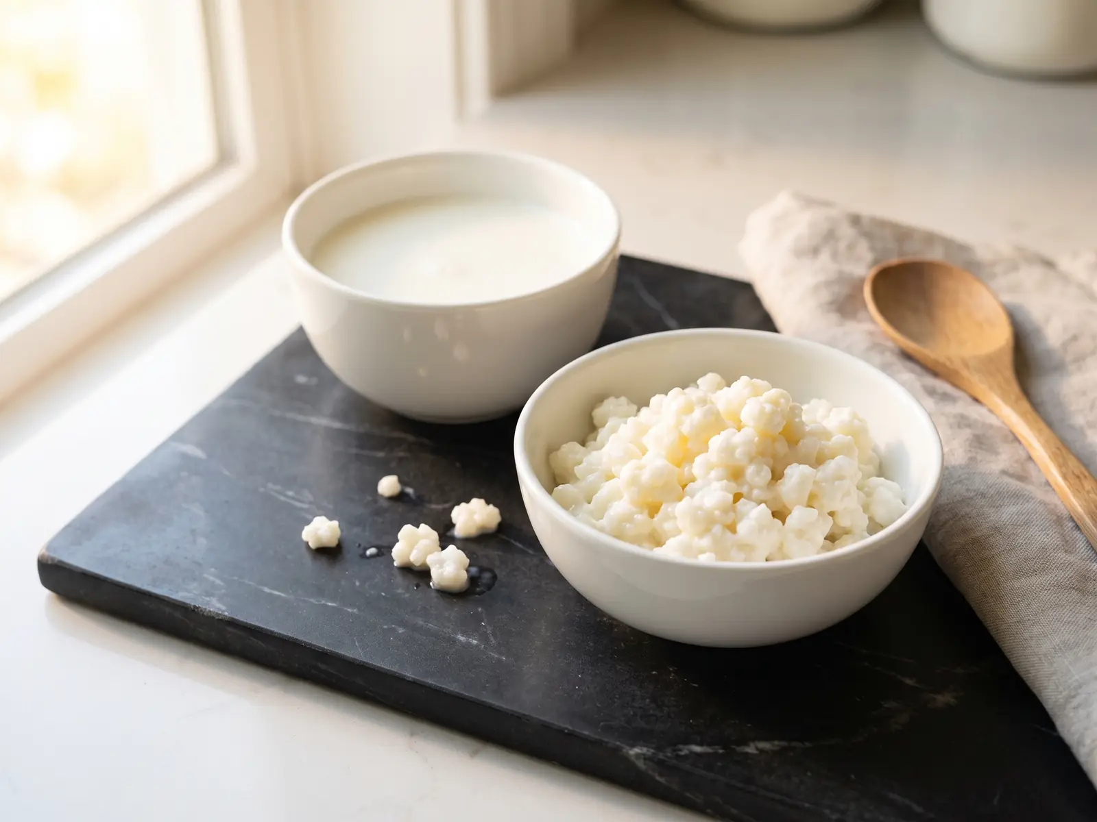 boire du kéfir tous les jours Grains de kéfir de lait séparés et lait frais dans deux bols blancs sur un marbre noir mat.