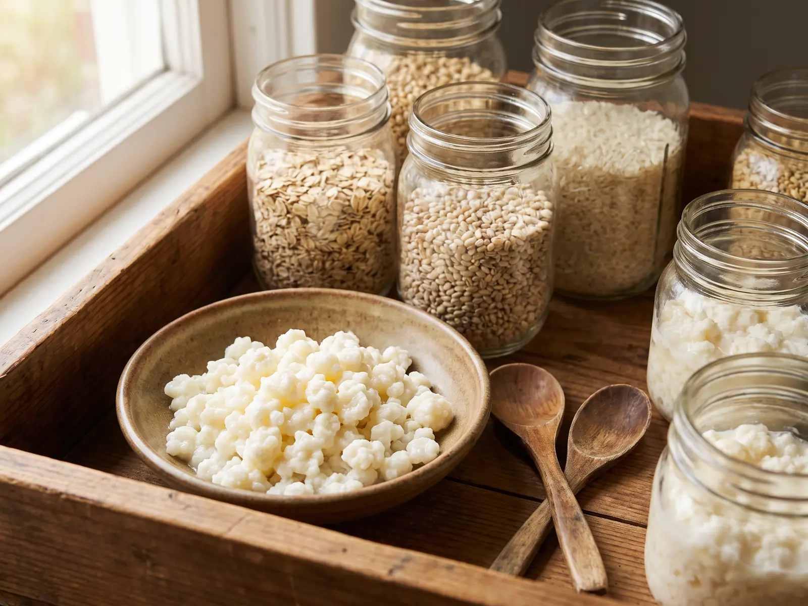kefir et colon irritable Caisse de despense avec bocaux, grains de kéfir dans un bol et cuillères en bois croisées.