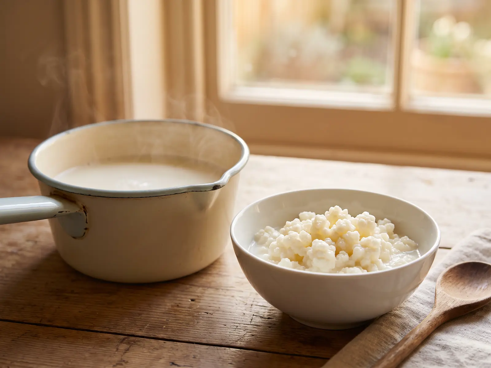 kefir proteines Casserole de lait tiède près de grains de kéfir dans un bol blanc, devant une fenêtre à la lumière chaude