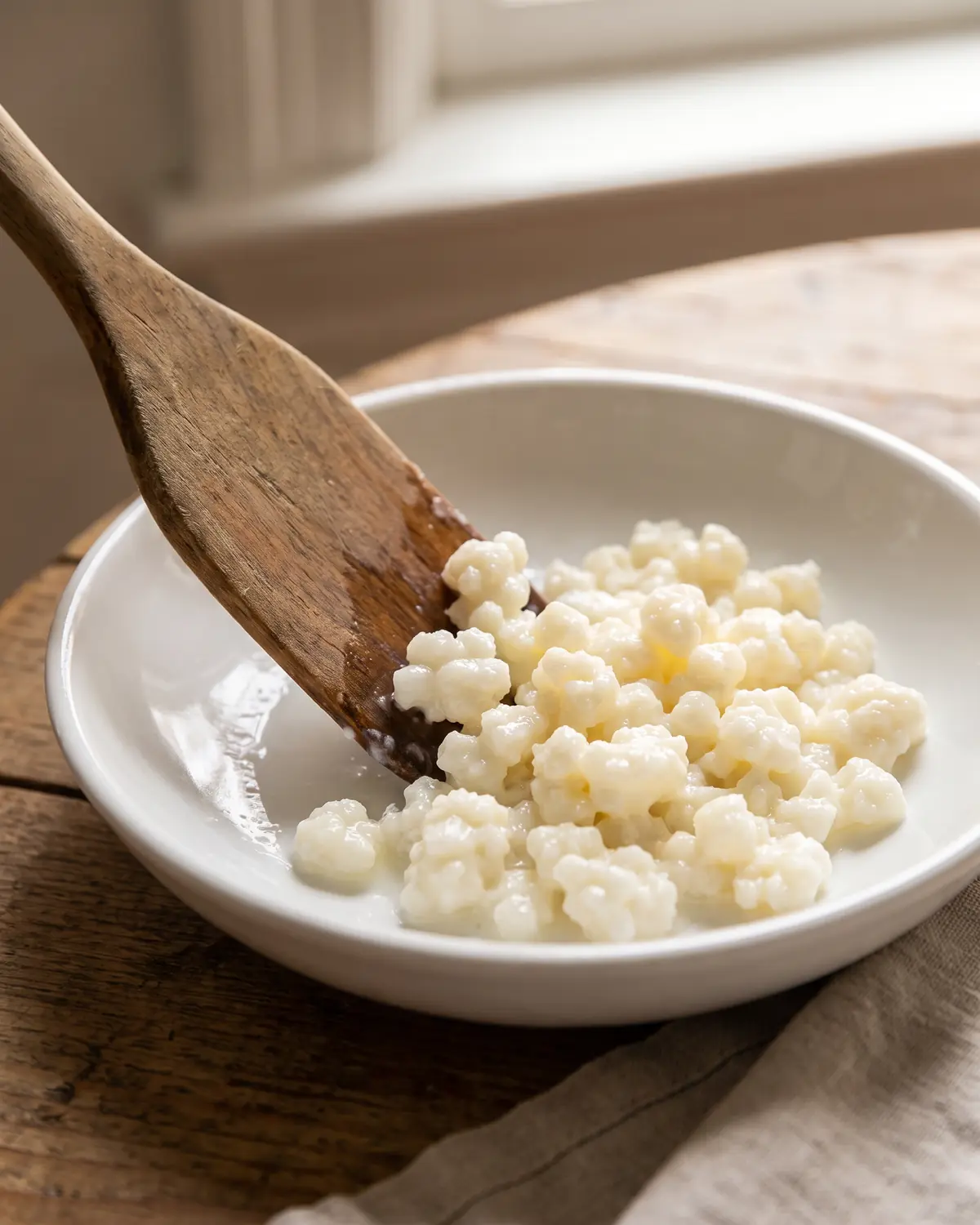 kefir d eau bienfaits Spatule en bois rassemblant doucement des grains de kéfir au centre d’un bol blanc.