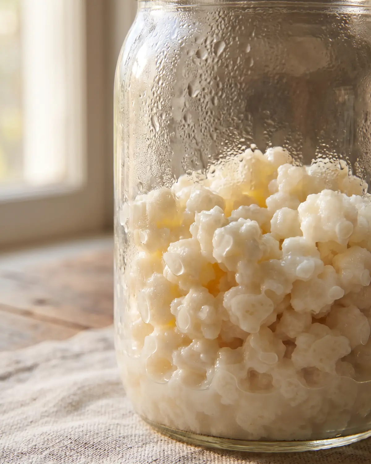 Grains blanc cr&egrave;me visibles &agrave; travers un bocal de k&eacute;fir de lait couvert de fines perles de condensation.