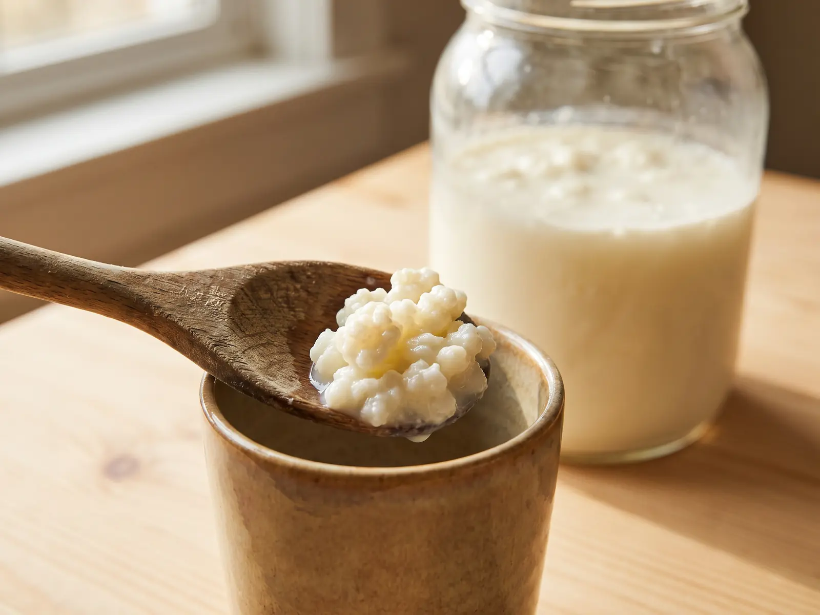 kéfir conservation boisson Cuillère en bois avec des grains de kéfir au-dessus d’une tasse, près d’un bocal laiteux sur bois clair.