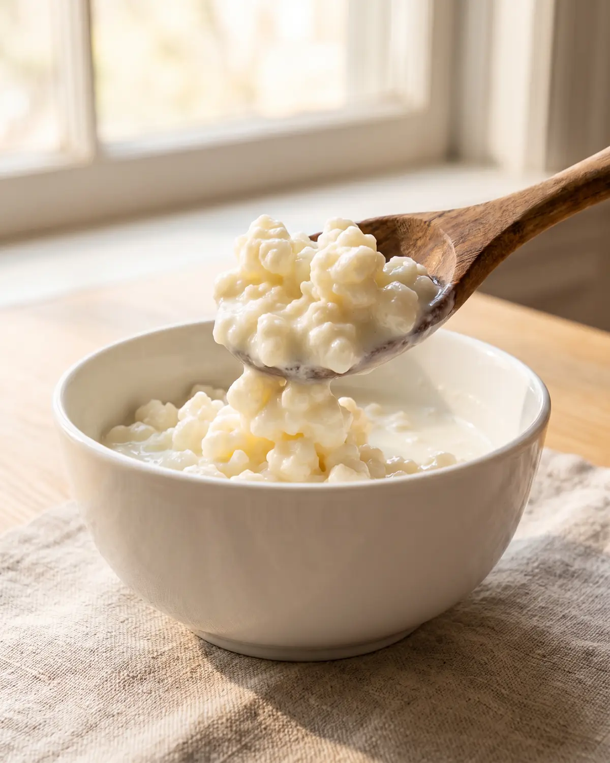 kéfir foie Une cuillère en bois soulève des grains de kéfir épais dans un bol blanc, près d’un linge en lin.