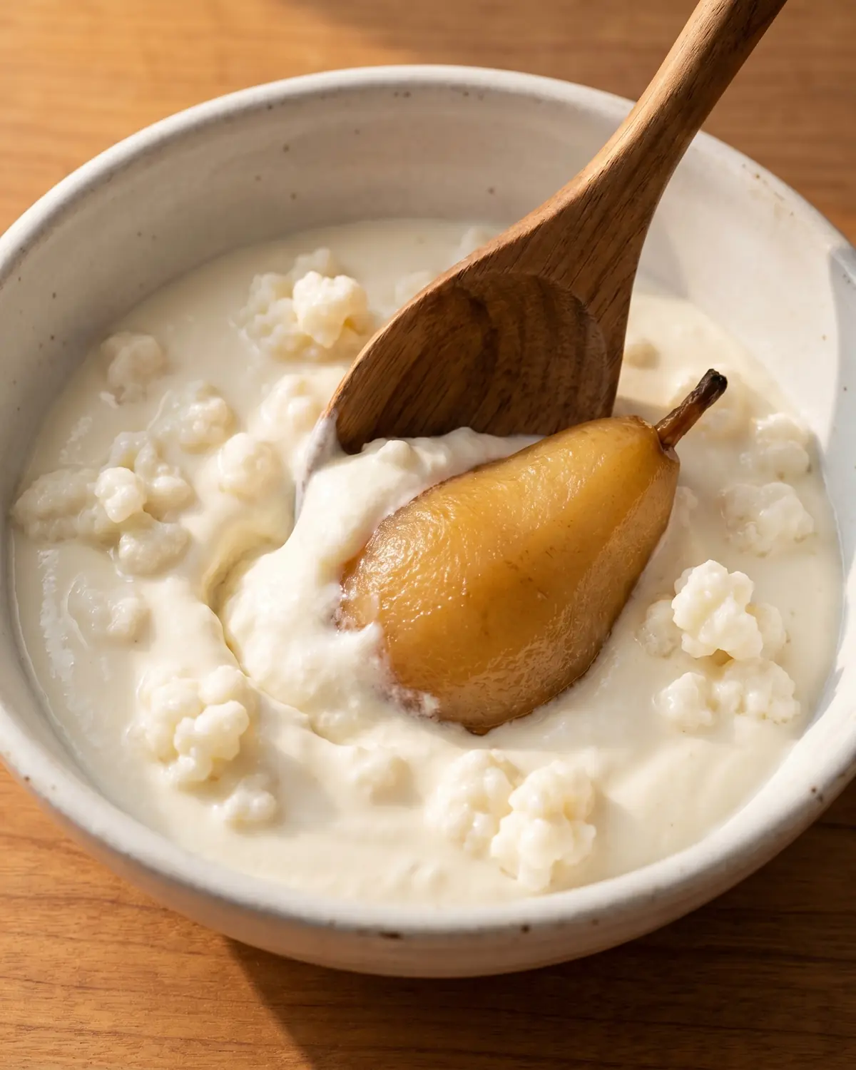 kéfir gingembre bienfaits Cuillère en bois traçant un sillon dans du kéfir crémeux servi avec de la poire cuite.