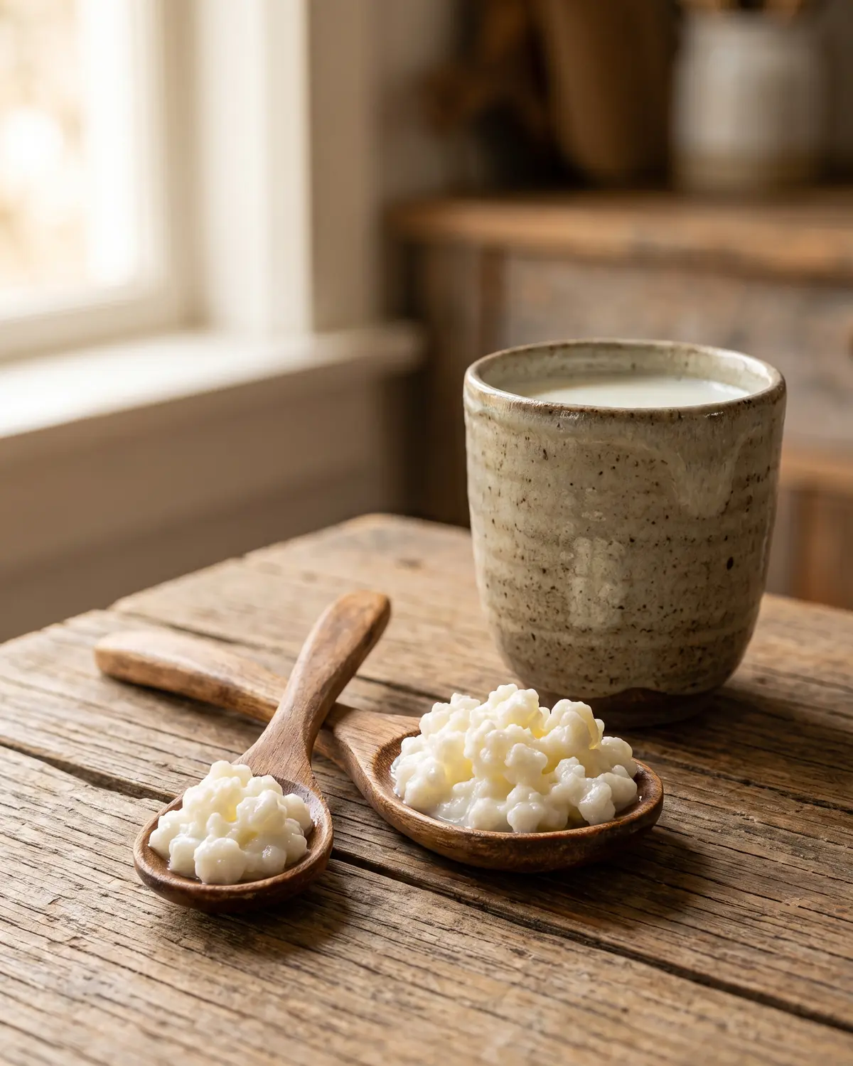 boisson probiotique kefir Deux cuillères en bois comparent des portions de grains de kéfir près d’une tasse en céramique.