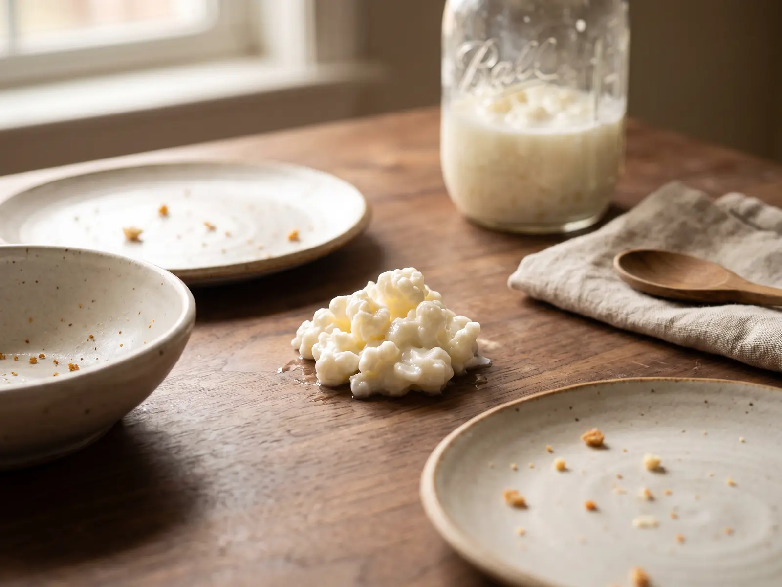 Bocal avec grains de k&eacute;fir sur une table en noyer, entour&eacute; de vaisselle en c&eacute;ramique sobre.