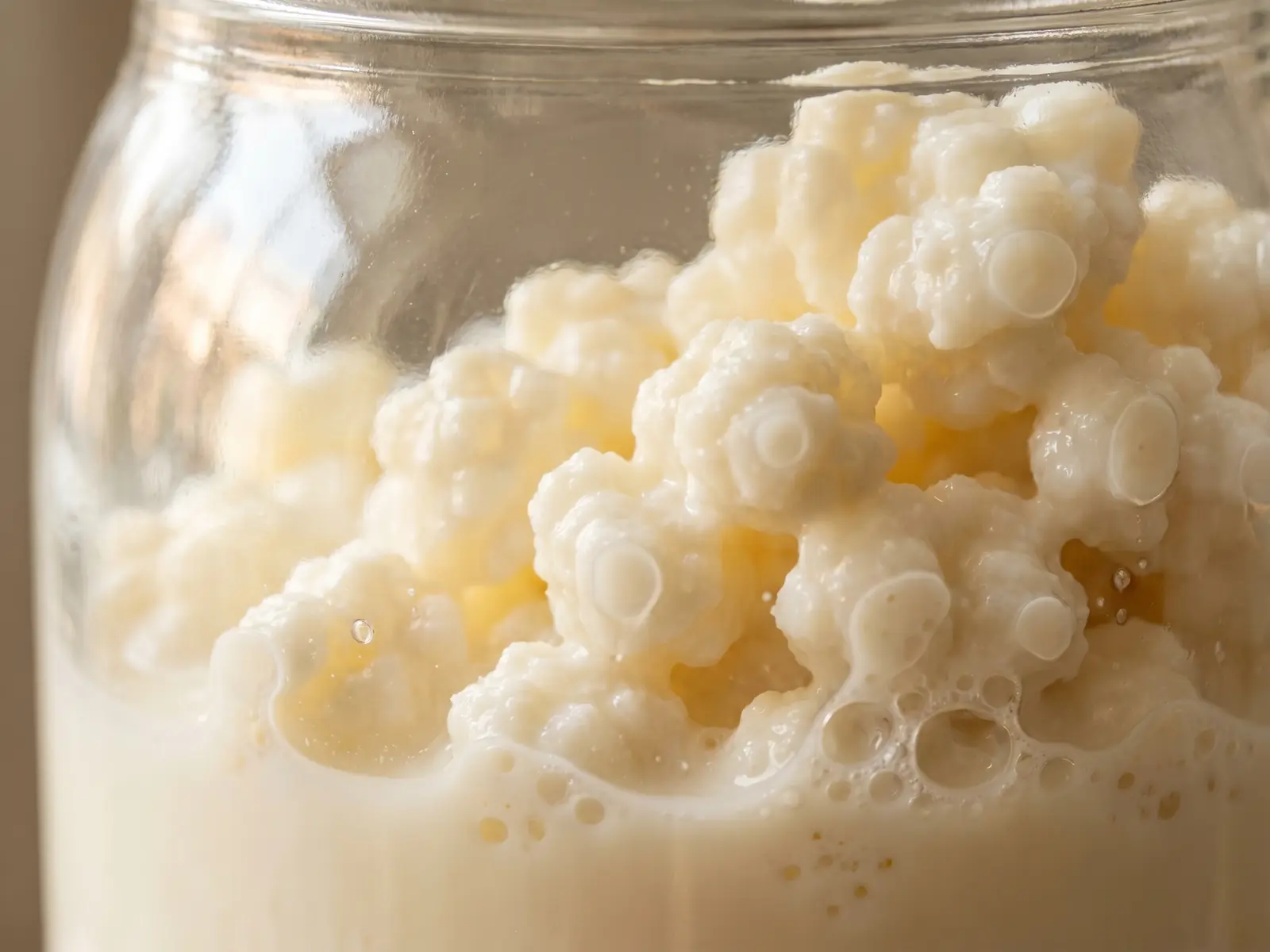 kefir probiotiques Grains de kéfir accrochés au verre d’un bocal, avec lait crémeux et petites bulles visibles.
