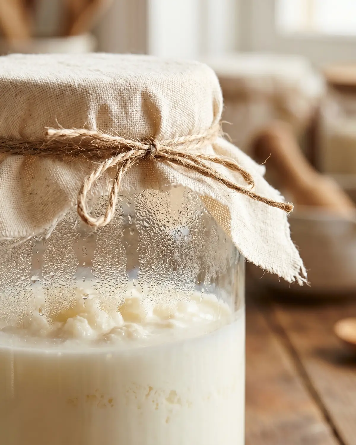 kefir pour chien Détail d’un bocal de kéfir de lait couvert d’un tissu noué, avec le lait visible derrière le verre.