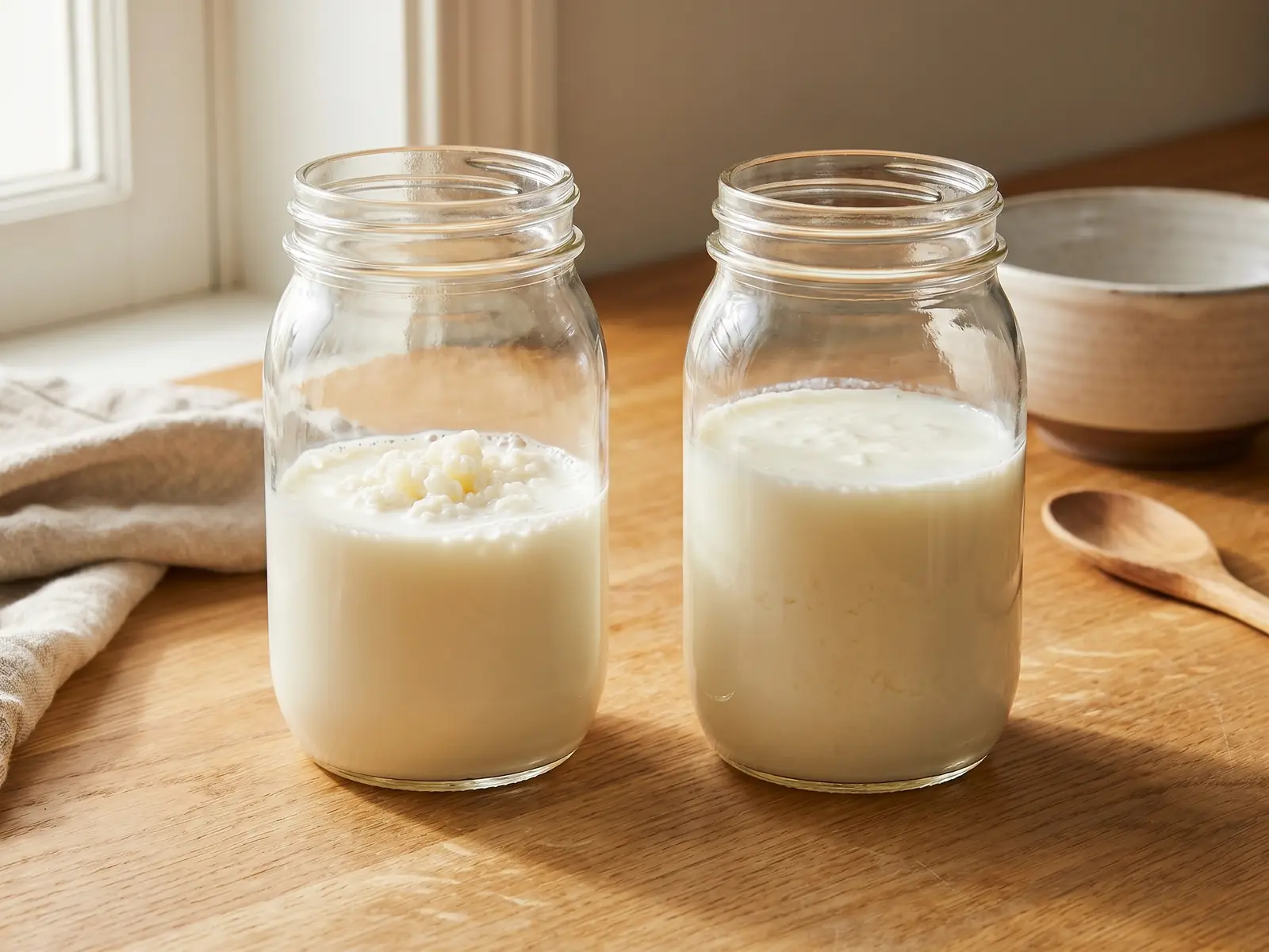 kefir utilisation Deux bocaux montrent des grains de kéfir dans du lait frais et une boisson fermentée prête à filtrer.