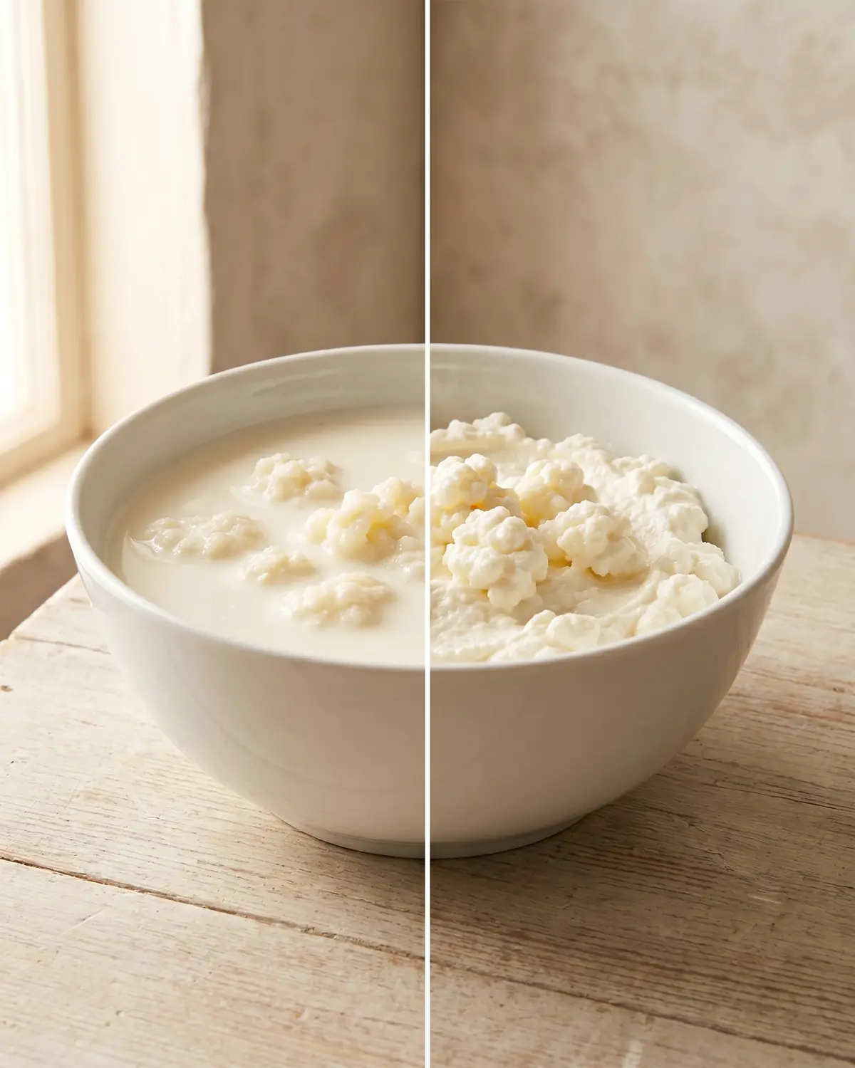 Deux bols en c&eacute;ramique blanche montrent une texture de k&eacute;fir &agrave; boire et une version &eacute;goutt&eacute;e plus dense.