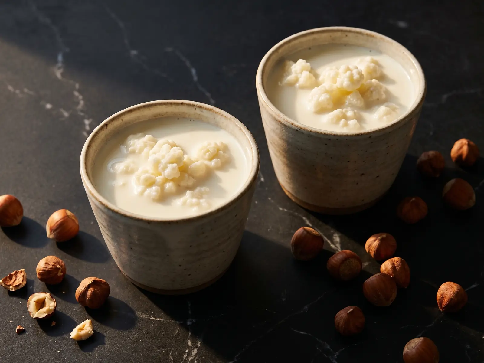 effet du kéfir Deux tasses de kéfir posées sur un marbre noir mat, avec des noisettes et une lumière naturelle contrastée.